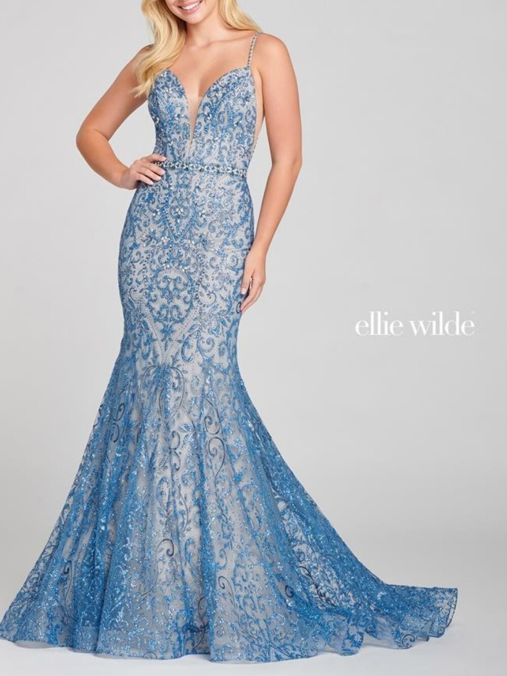 16 (fits 12-14 with adj. bust) Ellie Wilde EW121045 Illusion Plunge Mermaid Gown